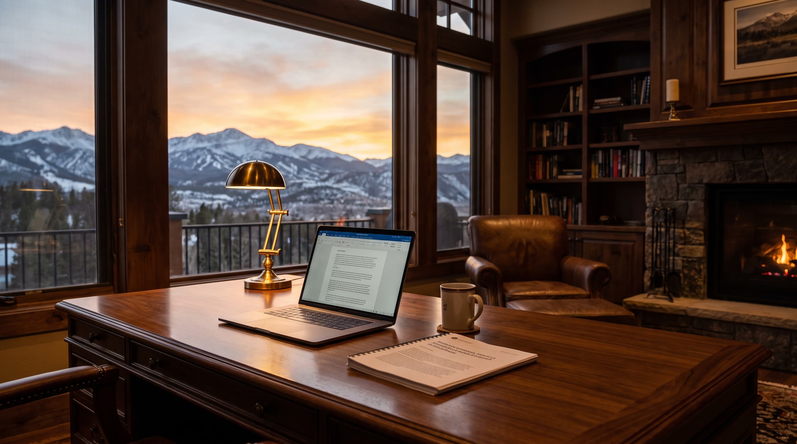 Refined mountain-home study at dusk set up for a strategy session, with the Front Range in the window