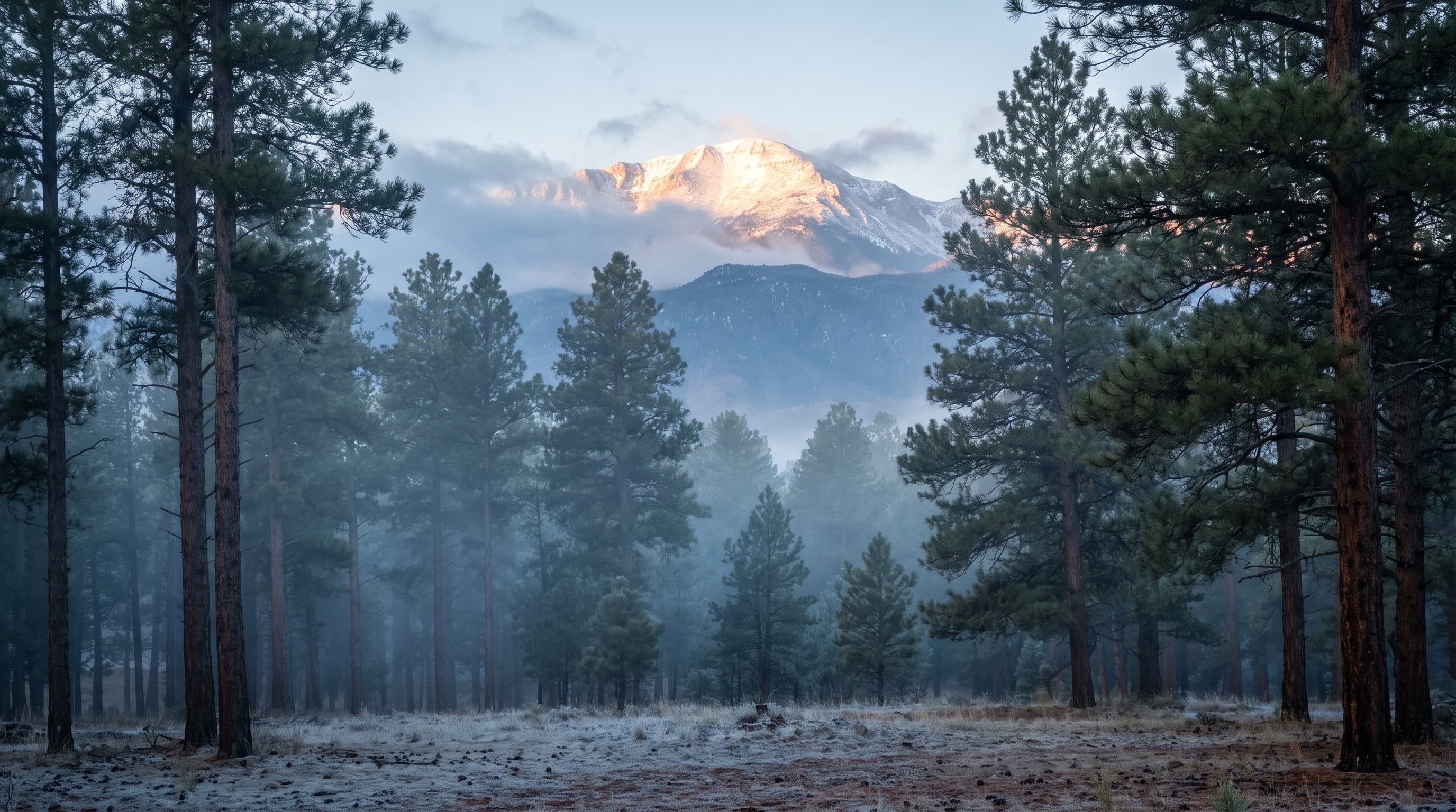 Snow-dusted Pikes Peak rising above the Colorado Springs Front Range at first light