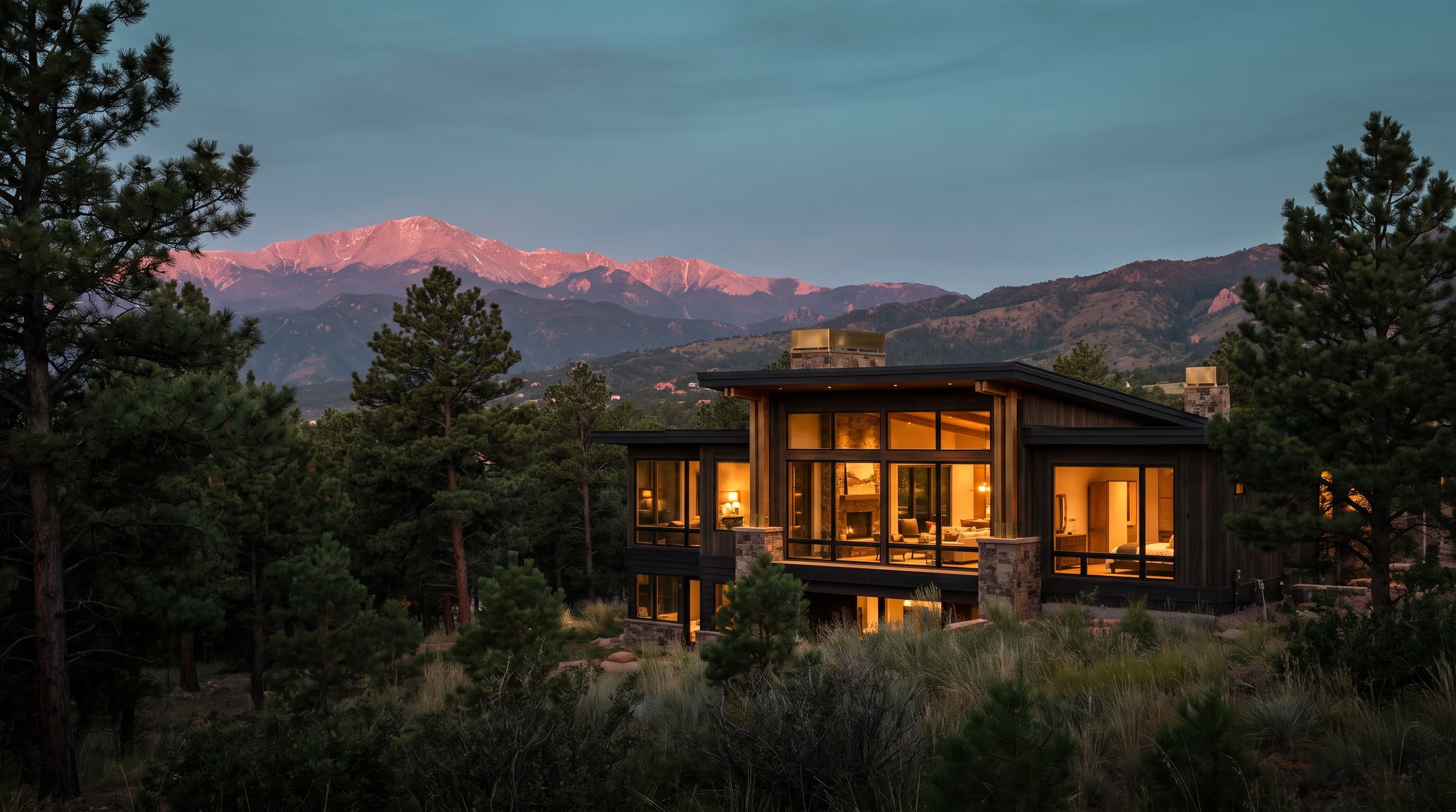 Cliff-edge glass mountain home overlooking Colorado Springs city lights at twilight
